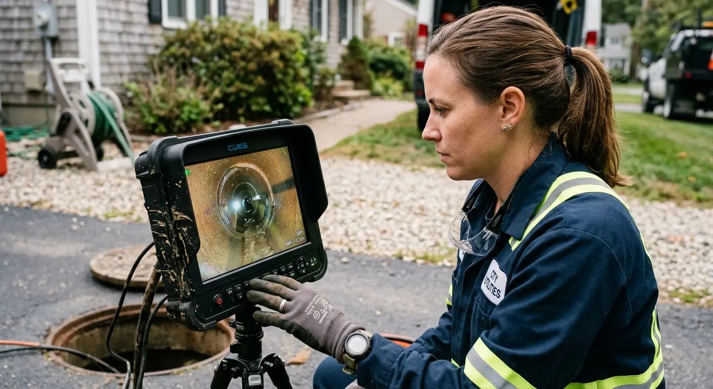 Technician reviewing sewer camera inspection footage in Salida del Sol Estates