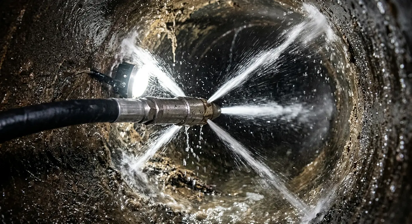 High-pressure hydro jetting nozzle cleaning sewer pipe for Trenchless Sewer Repair in Salida del Sol Estates