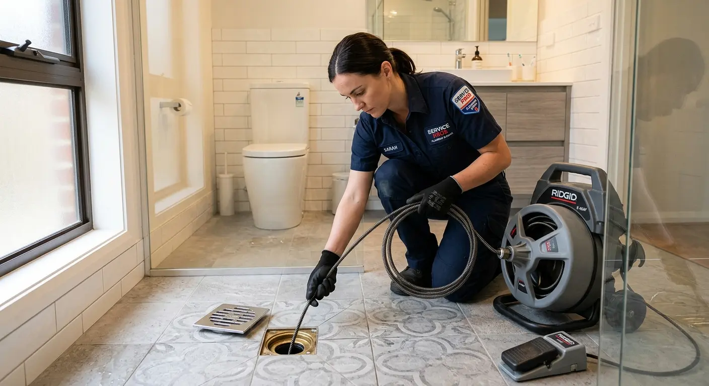 Technician clearing a bathroom floor drain for Drain Cleaning in Salida del Sol Estates